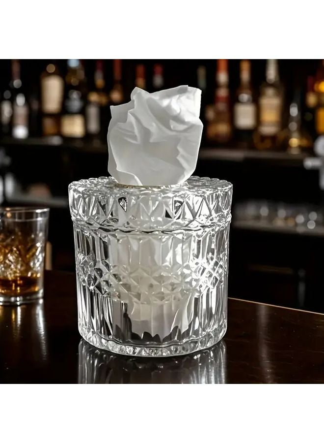 حامل علبة المناديل الزجاجي الكريستالي بتصميم الماسي مستدير للتخزين قطعة واحدة تحفة فاخرة - Image 1